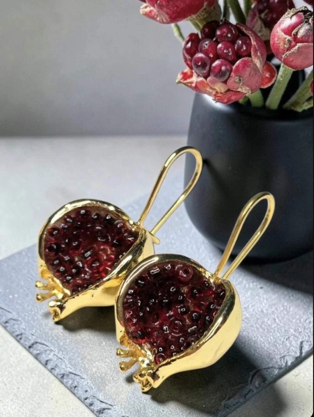 18k Gold Plated Genuine Garnet Pomegranate Dangle Earrings